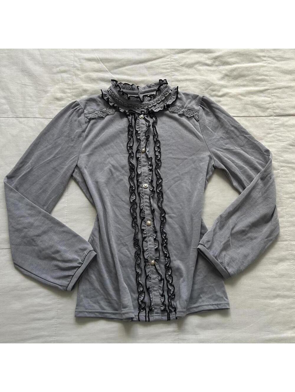Axes Femme Grey Blue Ruffle Button Long Sleeve Top Cottagecore Medium